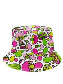 Fashionable Mushroom Printed Unisex Reversible Bucket Hat, Hip Hop Y2K Style Cap