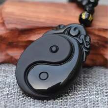 天然黑曜石雕刻阴阳八卦吊坠项链男士鱼形吊坠首饰 - 黑色 - 查看 5