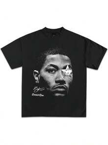 D Rose All Stars Graphic T-Shirt Y2K Vintage Basketball Rap Premium Heavyweight Shirt For Men & Women 220g Pure Cotton Single-Sided Printed Round Neck Short Sleeved T-Shirt - 黑色 - 查看 1