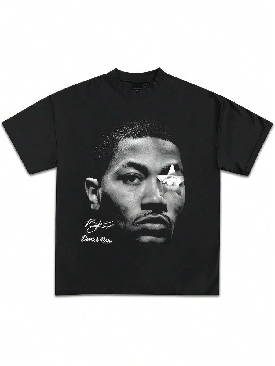 D Rose All Stars Graphic T-Shirt Y2K Vintage Basketball Rap Premium Heavyweight Shirt For Men & Women 220g Pure Cotton Single-Sided Printed Round Neck Short Sleeved T-Shirt - 黑色 - 查看 1