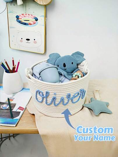 1 cesta de armazenamento de corda de algodão personalizada com nome personalizado, organizador macio para brinquedos infantis, livros, quarto de bebê, presente de volta às aulas ou aniversário