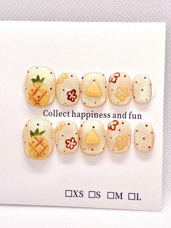 10PCS Yellow Handmade Press On Nails Short Oval Purely Hand-Wear Nails, Summer Nails Supplies, Handmade Pineapple Fruit Cat Eye Nails Home DIY Nail Design Full Coverage Fake Nail Tips Artifical Fingernails For Women And Girls Manicure Supplies Office Daily Wear False Nails