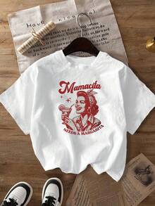 夏季上衣，女士夏季复古“Mamacita Needs Margarita”图案短袖圆领休闲T恤，印花T恤，夏季上衣，女士夏季款，夏季，印花T恤，女士上衣 - 白色 - 查看 10