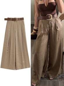 Pantalones anchos y sueltos para mujer, pantalones de moda para primavera/verano, pantalones de cintura alta y pierna ancha, pantalones casuales y elegantes para damas - Caqui - Ver 1