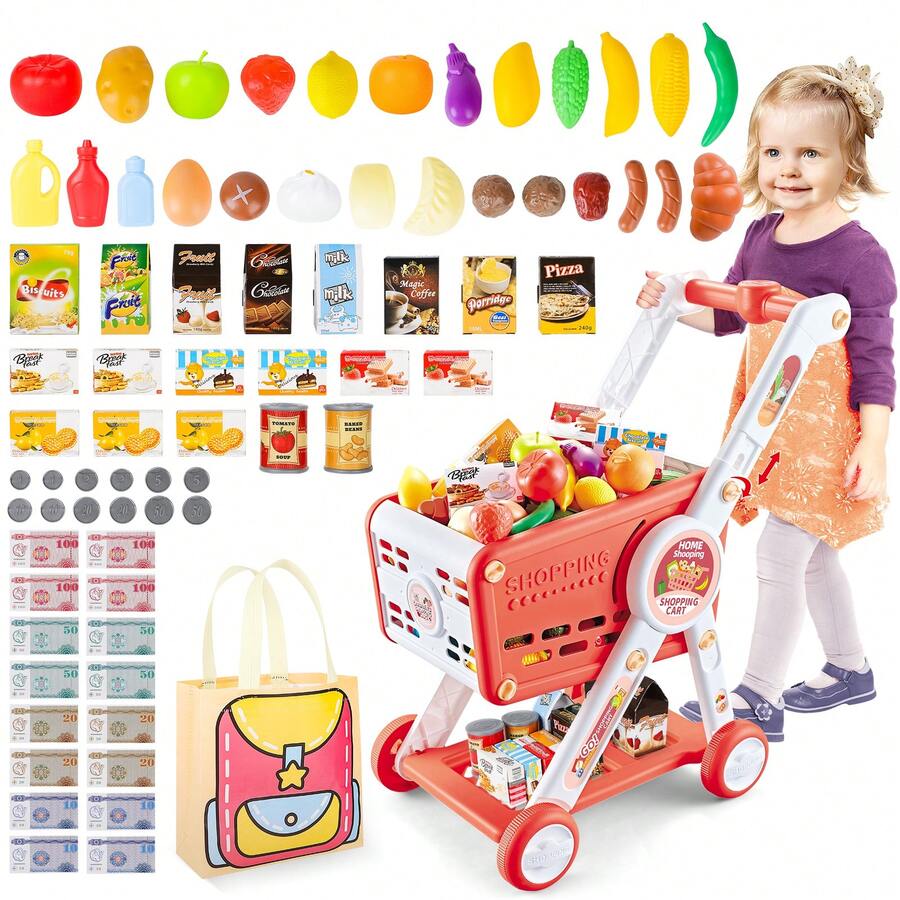 Kids Shopping Cart Trolley Play Set With Pretend Food And Accessories Grocery Shopping Cart Pretend Play And Role-Playing Games