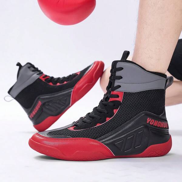 Tênis de boxe profissional masculino - Botas de combate de malha respirável de cano alto para sparring, treinamento com saco de pancadas e estabilidade antiderrapante