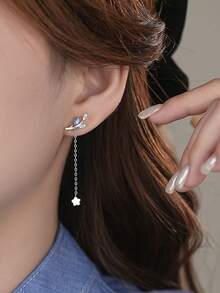 BALMORA 1 Pair 925 Sterling Silver Luxury Elegant Shell Flower Asymmetric Tassel Blue Cubic Zirconia Stud Earrings, Suitable For Women's Daily Wear, Friendship Jewelry Gift - Silver - View 7