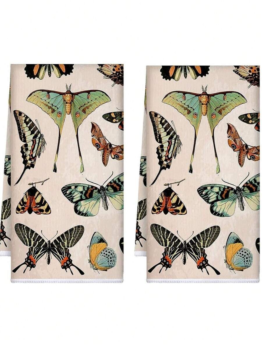 2 Pcs Wildflower Kitchen Towels, 16x24 Inch Vintage Hand Towels Absorbent Plant Floral Dish Towels, Farmhouse Kitchen Bathroom Decorations - 蝴蝶2 - 查看 1