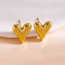 1 Pair Glossy 3D Heart Stainless Steel Stud Earrings For Women, Suitable For Daily, Vacation And Party Wear