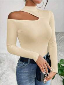 Women's T-Shirt Blouse Suplex Fabric Long Sleeve High Neck Asymmetrical Cut Ideal For Meetings And Casual Use - 米色 - 查看 2