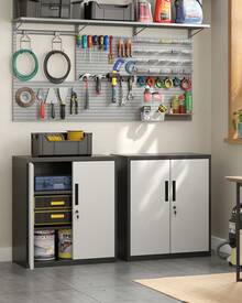 SONGMICS Aktenschrank, Mehrzweckschrank, Büroschrank mit 2 Türen, Schrank abschließbar, Aufbewahrungsschrank aus Stahl, für Arbeitszimmer, Wohnzimmer, silbern-Mattschwarz - Silbern-Mattschwarz - Übersicht 2