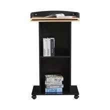 Podium Stand, Holz Podium mit Rädern, Lectern mit Lagerung, Mikrofon Stand Platz, 15MM Partikelplatte, Holz Kanzel für Restaurants, Kirchen, Seminare und Schulen, Das Podium verfügt über einen eleganten schwarzen Körper, ergänzt durch natürliche Holzfarbenen Platten und eine Oberfläche, die einen anspruchsvollen und eleganten Look bietet. Die Oberfläche ist mit einer doppelschichtigen Struktur ausgebildet, die sowohl die Stabilität als auch die Ästhetik verbessert. Das Podium ist mit minimalen Komponenten konzipiert, wodurch die Montage extrem einfach und schnell ist