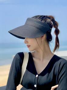 1pc Fashion Straw Sun Visors For Women Wide Brim Hats Roll-Up Foldable Summer Beach Visor Hat