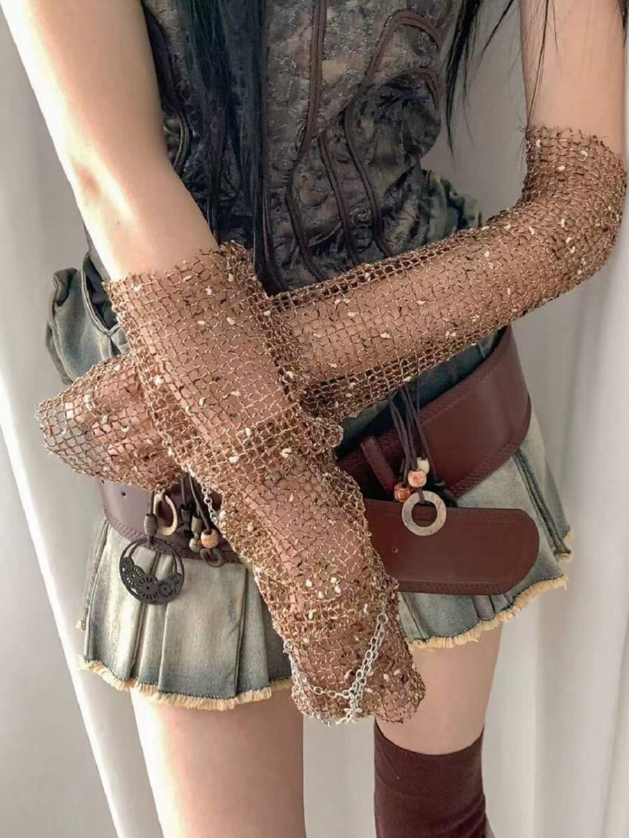 1 Pair Unique Distressed Style Mesh Arm Sleeves For Women, Retro Grunge Y2K Subculture, Lightweight For Summer - Brown - View 1