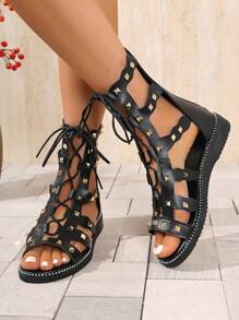 Women's Flat Roman Sandals, Fashionable Lace-Up Flat Sandals, Rubber Sole, Rivet Design