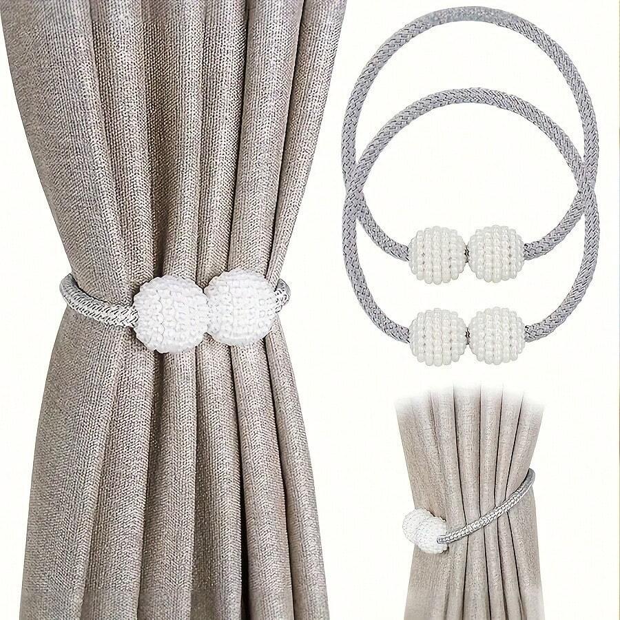2 pièces Embrasse de rideau magnétique avec ornements de fausse perle - Boucles de corde en polyester classiques pour la décoration de la maison et de la pièce, accessoires élégants de traitement des fenêtres, rideaux pour le salon, le rangement des bébés