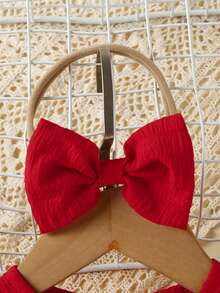 Baby Mädchen Sommer Lässig minimalistisches Jacquard Volant Ärmel Rundhals Kleid mit Knopf hinten und Schleifenbandana