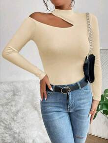 Women's T-Shirt Blouse Suplex Fabric Long Sleeve High Neck Asymmetrical Cut Ideal For Meetings And Casual Use - 米色 - 查看 4