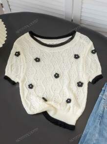 Contrast Color Korean Elegant Knit Top, Sweet 3D Floral Splice Short Sleeve T-Shirt For Women, Summer
