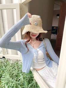 秋季蓝色镂空系带针织毛衣女上衣，V领长袖短款开衫 - 藍色 - 查看 5