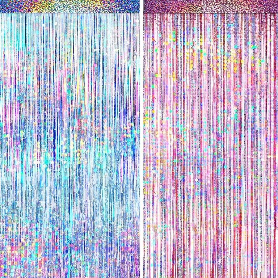 3 包粉色铝箔流苏窗帘 - 闪光金属丝背景飘带（6.6 英尺）粉色生日装饰 - 适用于生日、婚礼、迎婴派对、单身派对、公主派对、女牛仔主题、70 年代/80 年代/90 年代迪斯科、性别揭晓、新娘送礼会、周年纪念、拍照亭装饰（彩虹粉色派对用品） - 彩色 - 查看 1