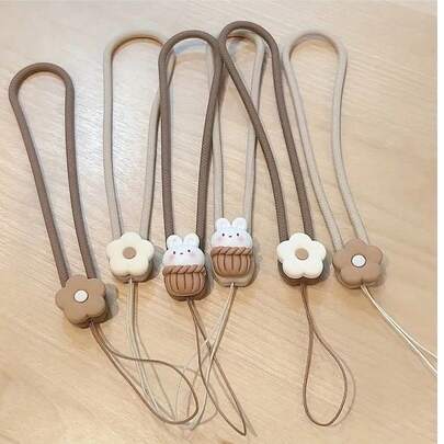 可爱篮子兔子优雅花卉硅胶手机挂绳腕带耳机套钥匙扣钥匙圈，新款女学生款，便携式防丢U盘CCD吊坠，多功能手机绳礼物，适合母亲、家人、朋友、生日、节日手机挂饰、手机链
