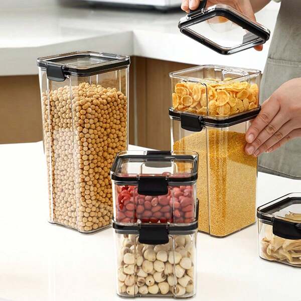 1 Peça Caixa de Armazenamento Quadrada Transparente e Vedada, Recipiente de Despensa de Cozinha para Grãos, Frutas Secas e Lanches