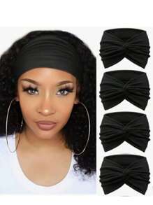 4 pezzi di fasce per capelli nere spesse lisce, stile turbante sportivo annodato, alla moda per donne, fasce per capelli, fascia per la testa, fascia antisudore