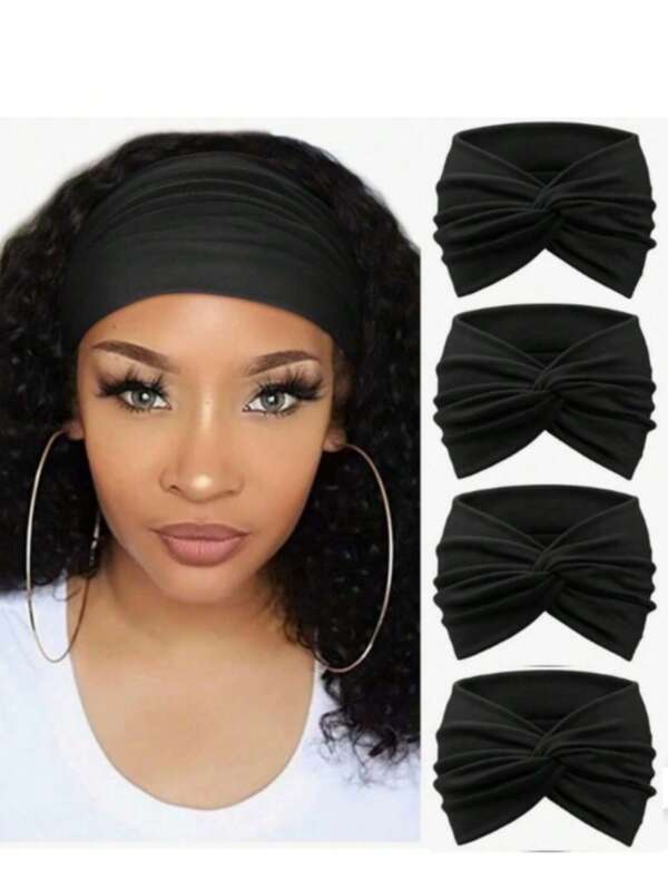 4 pezzi di fasce per capelli nere spesse lisce, stile turbante sportivo annodato, alla moda per donne, fasce per capelli, fascia per la testa, fascia antisudore