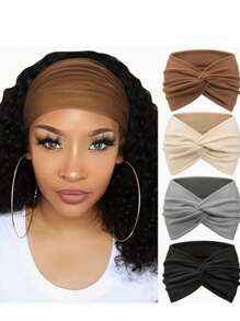 4 pezzi di fasce per capelli nere spesse lisce, stile turbante sportivo annodato, alla moda per donne, fasce per capelli, fascia per la testa, fascia antisudore