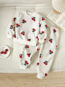 Chatreadl Kleine Mädchen 2-teiliges Set, süß mit 3D Kirschplüsch, Langarm und Hose, Lässig Rundhals Anzug, Hauskleidung geeignet für Herbst und Winter