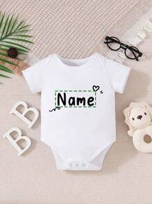 [Customized] Personalized Name Custom Baby Girl Short Sleeve Bodysuit, Cute Casual - White Round Neck Style, Comfortable & Breathable,Chic Autumn,Baby Gift, Commemorative,New Year Glamour