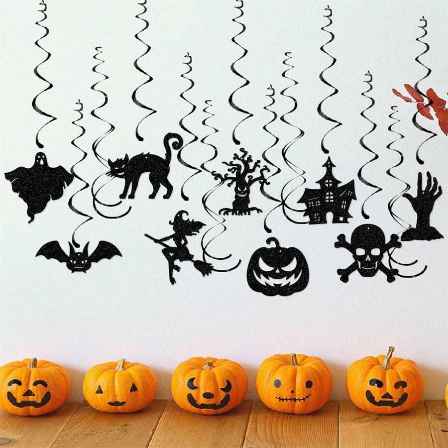 13 Pcs Halloween Bat Pumpkin Witch Cat Skull Hands House Ceiling Hanging Decoration Black Cat Ghost Pumpkin Gothic Ceiling Decor For Home, Party