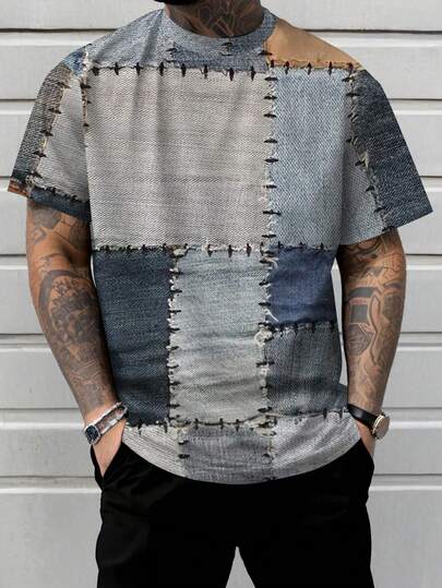 男士加大码夏季牛仔拼接圆领T恤