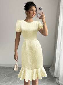 Abito elegante da donna con stampa floreale e tessuto lavorato, adatto per serate, matrimoni, ufficio, casual, stagione estiva