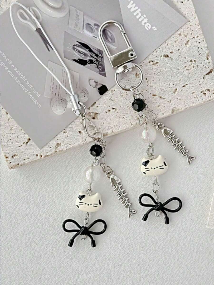 1pc Cute Cat And Fish Design Lanyard, Phone Strap, Backpack Charm, Instant Camera Accessory - Black and White - View 1