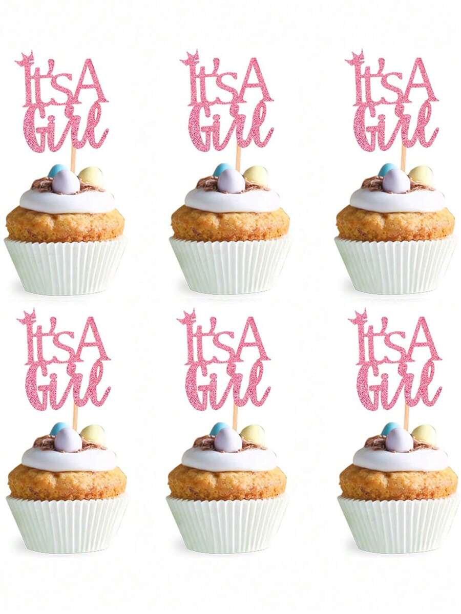 12 件 - 婴儿洗礼派对“是个女孩”装饰品，女孩主题蛋糕装饰，配有皇冠亮片蛋糕夹，适合婴儿洗礼女孩生日，婴儿性别揭晓派对蛋糕装饰用品。