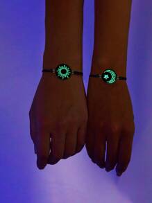 2pcs Glow In The Dark Luminous Couple Bracelets, Best Friends Romantic Gift, Sun Moon Star Wax Rope Bracelet, Suitable For Daily, Date, Party Wear