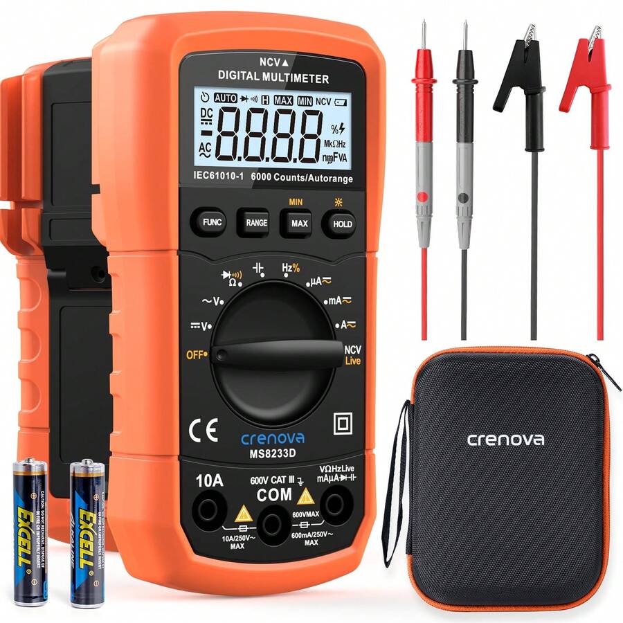 MS8233D Multimeter 6000 Counts Digital Multimeter DC AC Volt Meter Ohm Volt Amp Tester Measures Voltage Current Resistance Capacitance Continuity Diode Duty-Cycle Frequency NCV Live Wire Test - Orange - View 1