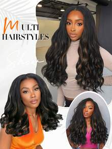 DUOZIMEI 22 Inch Mixed Brown African Curly U/V Part Wig, Fluffy Curly, Synthetic Fiber Fluffy Straight Hair, No Glue, Women Half Head Wig Without Clips - Brown - View 10