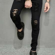 Men's Slim-Fit Black Ripped Jeans - Stretch Denim, Hip-Hop Street Style, Machine Washable - Black - View 1