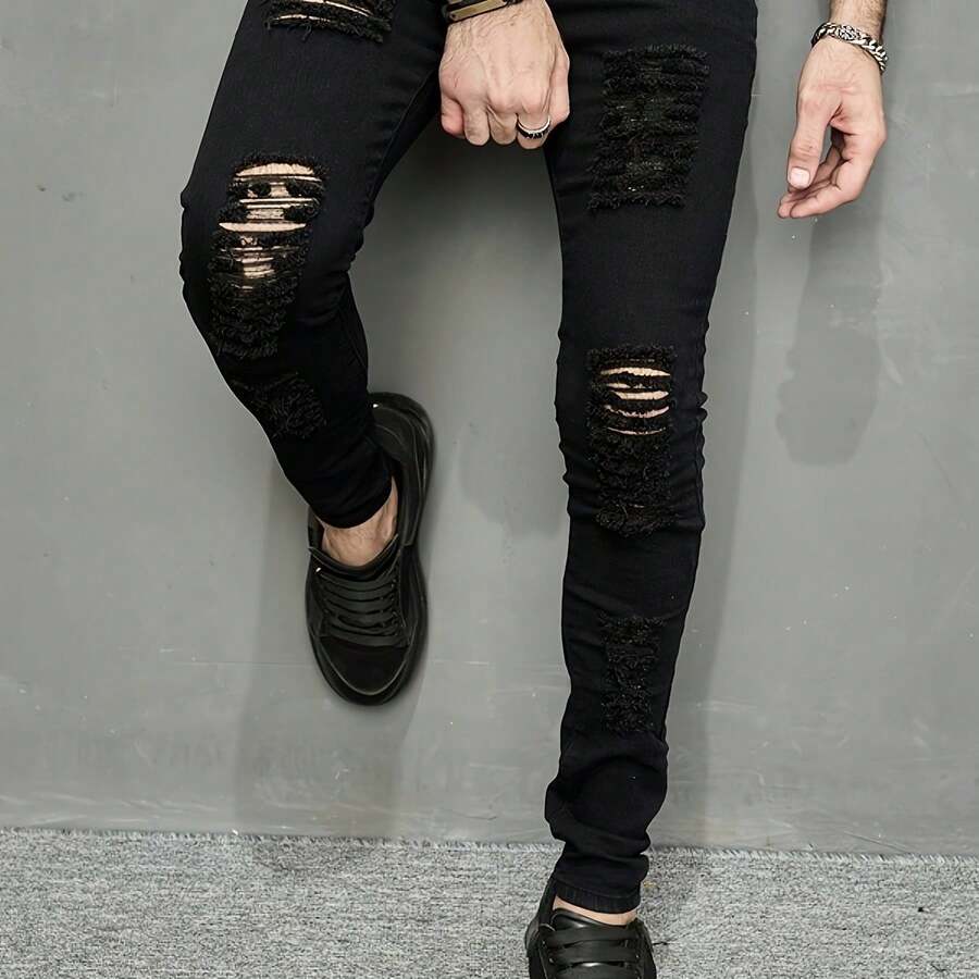 Men's Slim-Fit Black Ripped Jeans - Stretch Denim, Hip-Hop Street Style, Machine Washable - Black - View 1