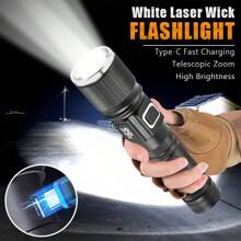 1pc Super Bright Flashlight | Spotlight/Floodlight Dual Modes Zoom + 3 Brightness Levels | Type-C Fast Charging + Real-Time Power Display | Waterproof Design | Ideal For Outdoor Adventure, Camping, Night Riding, Car, Home Emergency