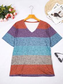 Women Plus Size Striped V-Neck Casual T-Shirt Tops, Summer