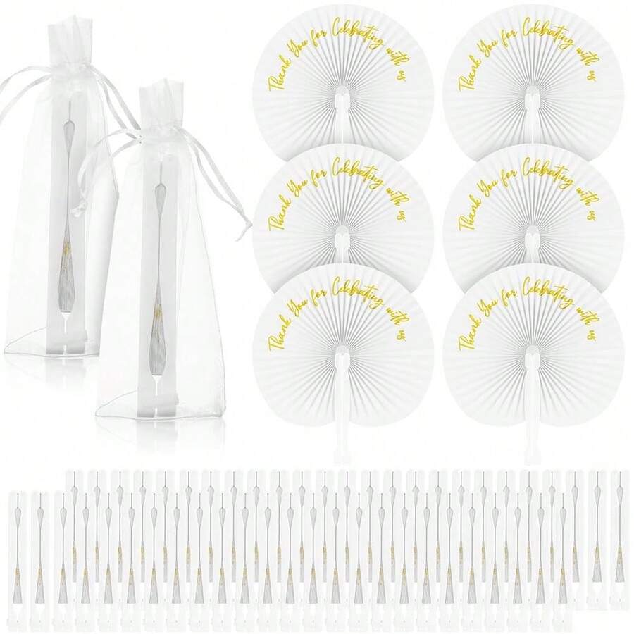 50 Pcs Wedding Paper Fans Round Handheld Folding Fans Foldable Fans For Wedding With Plastic Handle And Yarn Bag Thank You For - Multicolor - View 1