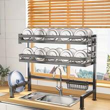 Space-Saving Kitchen Dish Rack - Over Sink Design With 8 Hooks & Utensil Storage - Black - View 6