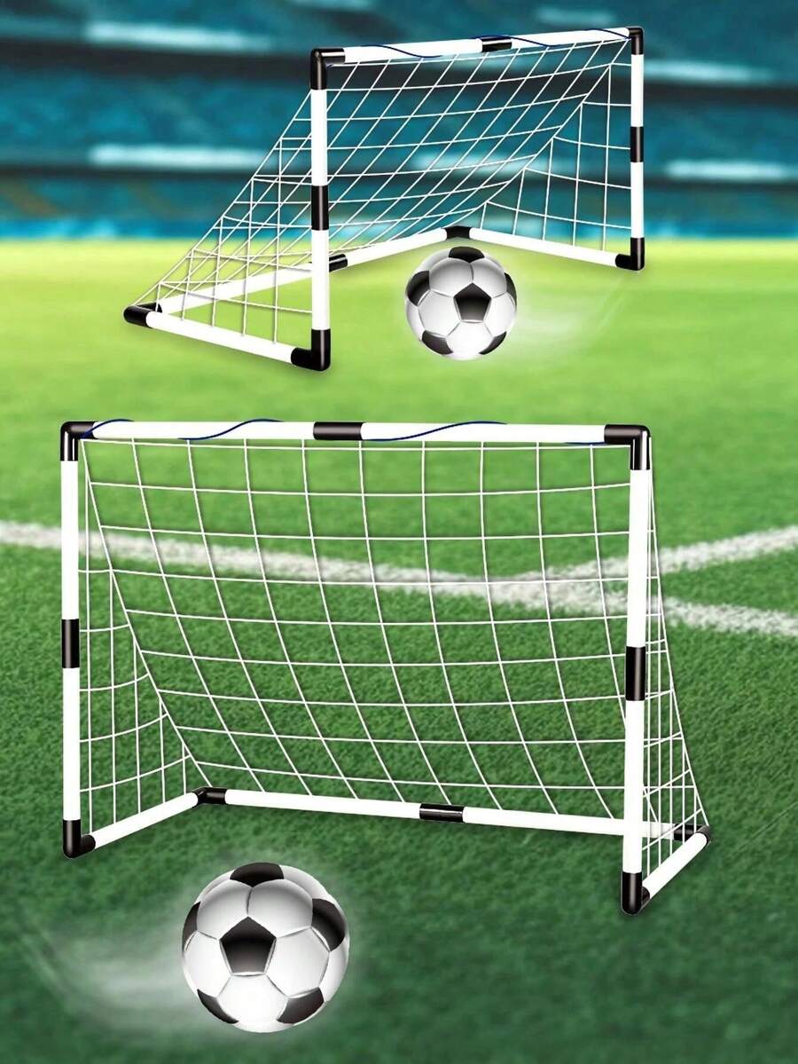 1 Set 92cm Indoor/Outdoor Football Goal, Random Color Football Pump Included, Sports Training Equipment - Black and White - View 1