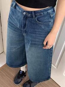 Y2K Street Vintage Washed Cat Whiskered Pocket Wide Leg Bermuda Jeans Denim Jorts Casual Shorts Cropped Trousers Fall Clothes