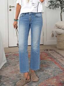 女款復古寬鬆筆直寬褲牛仔褲，單排釦扣磨損效果 - 淺色水洗藍 - 查看 4