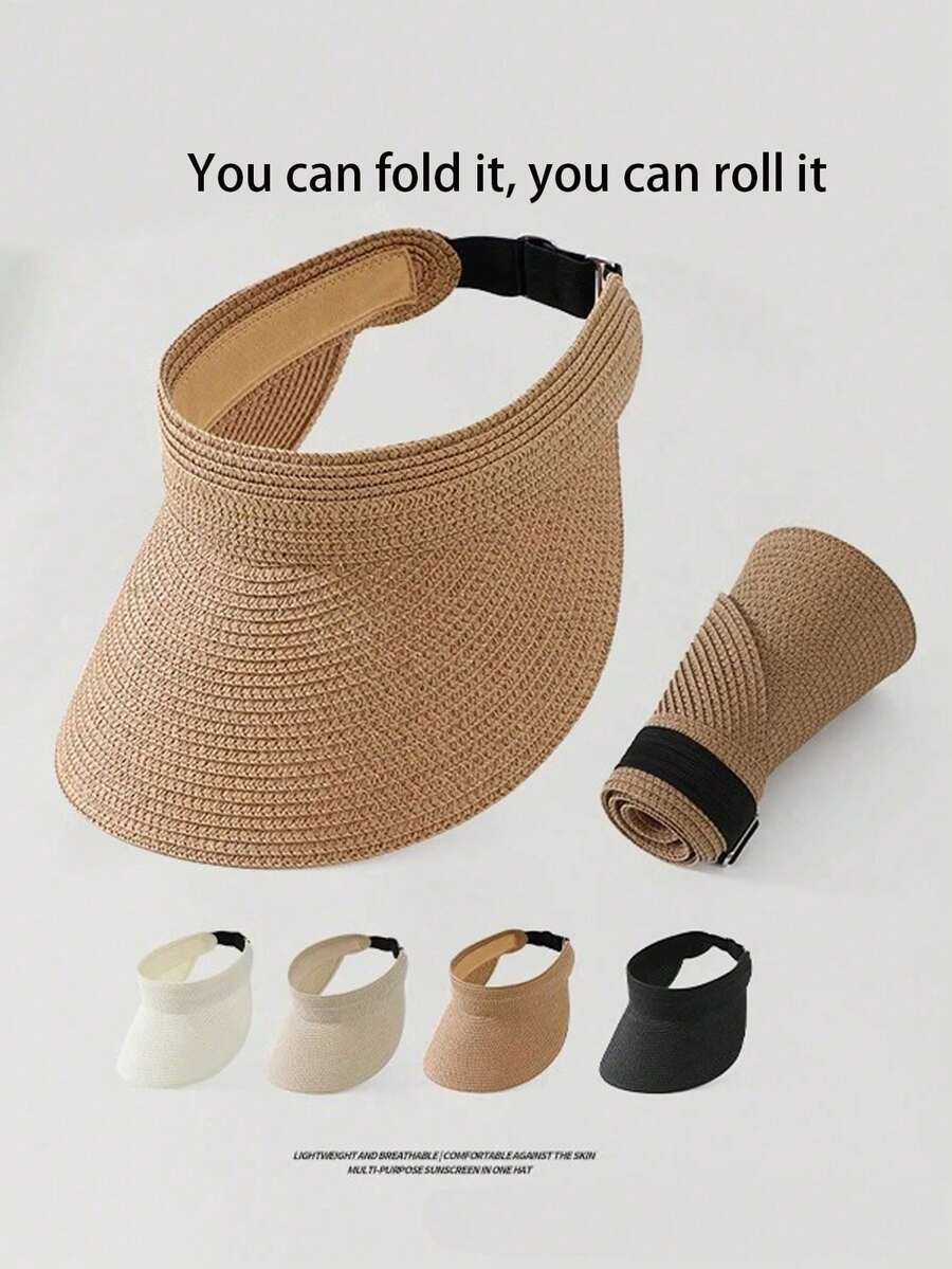 1pc Fashion Straw Sun Visors For Women Wide Brim Hats Roll-Up Foldable Summer Beach Visor Hat